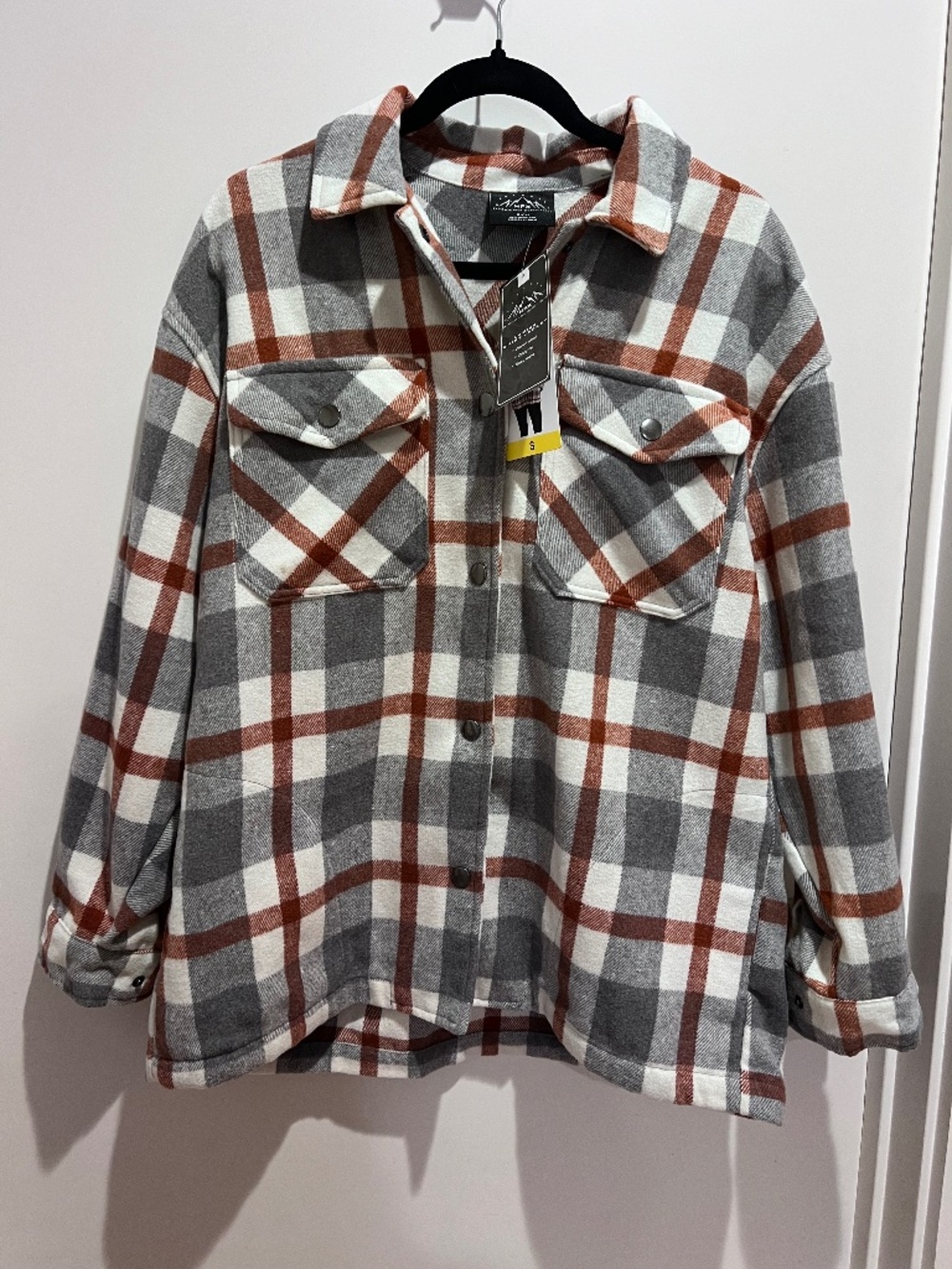 NWT HFX Women's Plaid Flannel Shacket Small Gray Rust Oversized Snap Front